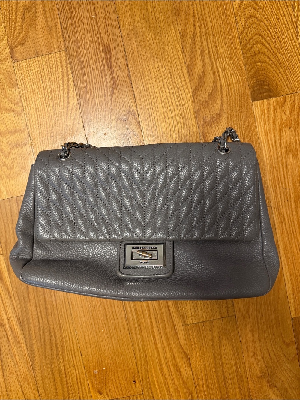 Karl Lagerfeld Gray Quilted Leather Shoulder Bag with Chain Strap